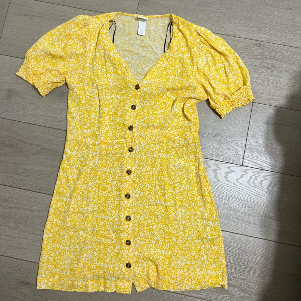 H&M Yellow Floral Button-Front Mini Dress